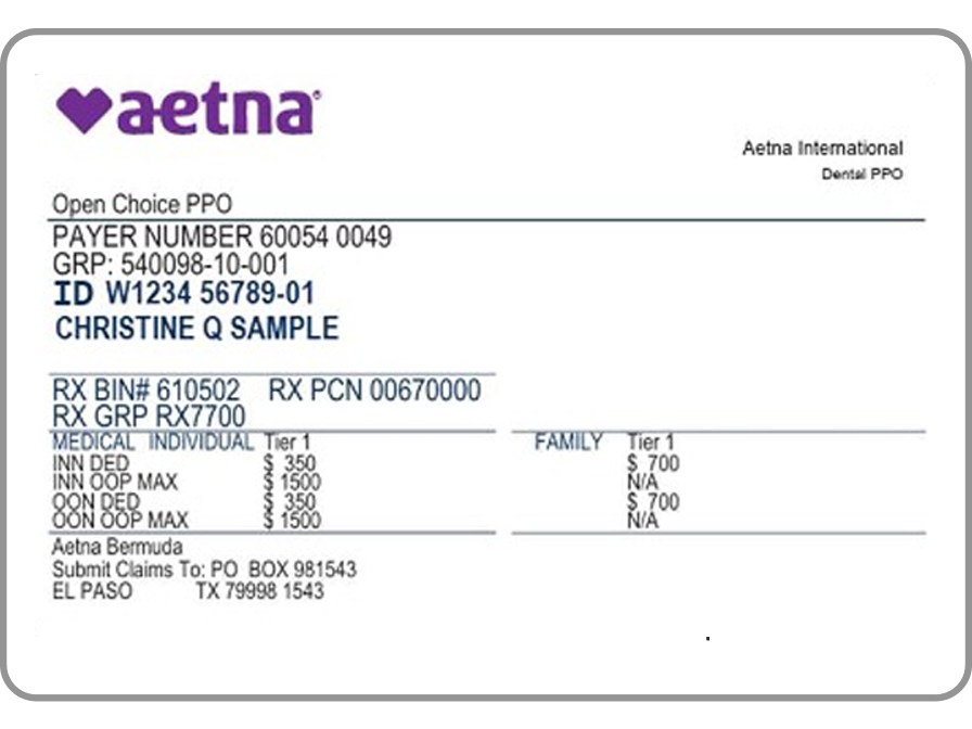 Aetna International (Americas) ID card sample, showing plan details and member names.